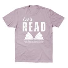 This says Let's Read on a t-shirt. 