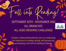 Text on purple background says "Fall Into Reading September 30th - November 2nd"