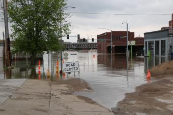 Downtown davenport flood water and buildings