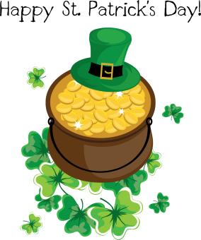 pot of gold with a leprechaun hat and shamrocks that says Happy St. Patrick's Day