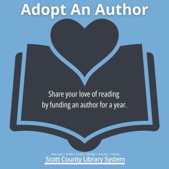 This says Adopt an Author and has a heart coming out of a book. 