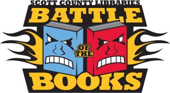 battle of the books logo with two books facing off each other