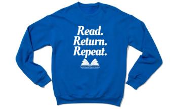 This is a sweatshirt that says Read. Return. Repeat with the Scott County Library System logo.