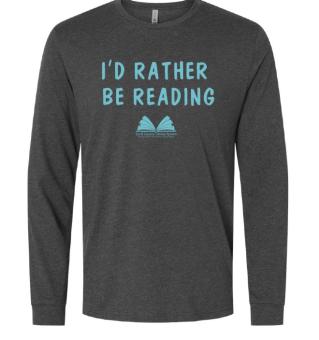 This is a shirt that says I'd Rather Be Reading with the Scott County Library System logo.