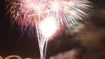 Fireworks show on the Mississippi River in front of the Centennial Bridge.