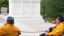 Honor flight veterans at a memorial in Washington DC.