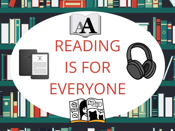 Shelves of books with an oval that says reading is for everyone. Icons show headphones, large print, ebooks, and a graphic novel