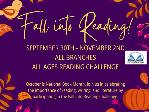 Text on purple background says "Fall Into Reading September 30th - November 2nd"