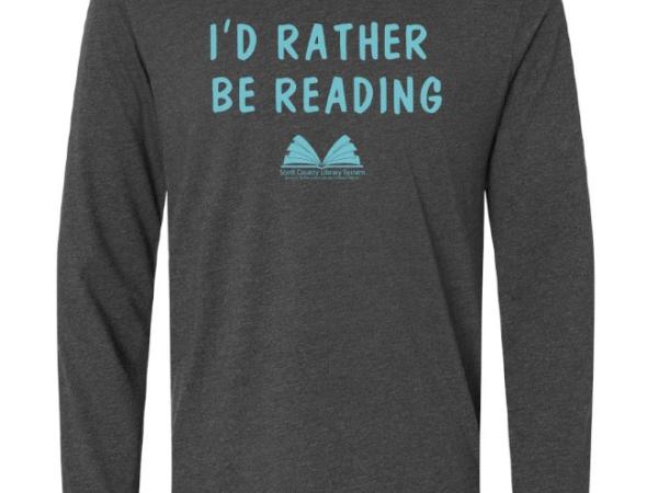 This is a shirt that says I'd Rather Be Reading with the Scott County Library System logo.